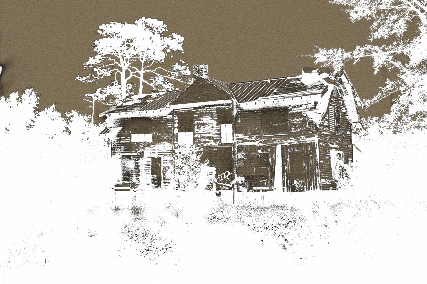 A weathered, abandoned house surrounded by dark trees in an aged sepia photograph